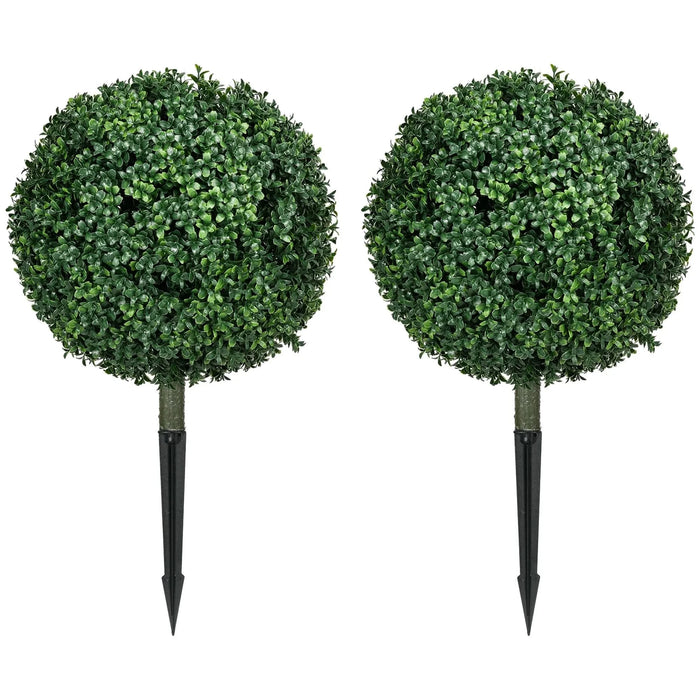 HOMCOM 1.3' (15.7') Artificial Boxwood Topiary Trees with Ground Stake, UV Resistant Set of 2 Ball Shaped Trees, Indoor Outdoor Fake Plants for Home Office & Living Room Décor Default -DTYStore