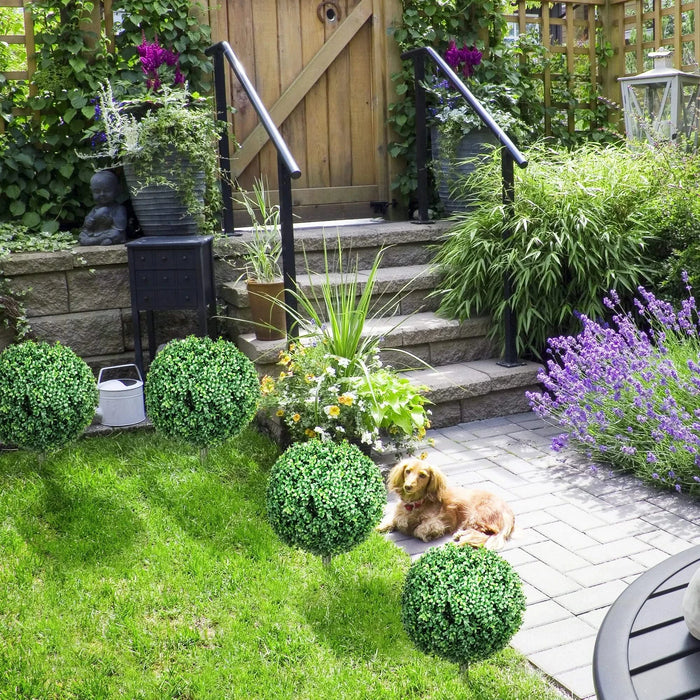 HOMCOM 1.3' (15.7') Artificial Boxwood Topiary Trees with Ground Stake, UV Resistant Set of 2 Ball Shaped Trees, Indoor Outdoor Fake Plants for Home Office & Living Room Décor Default -DTYStore