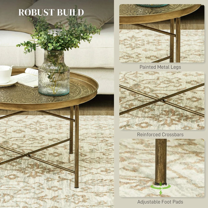 HOMCOM 24' Round Coffee Table with Hammered Tray Top, Vintage Metal Center Table for Living Room, Bedroom, Side Table, Gold Default -DTYStore