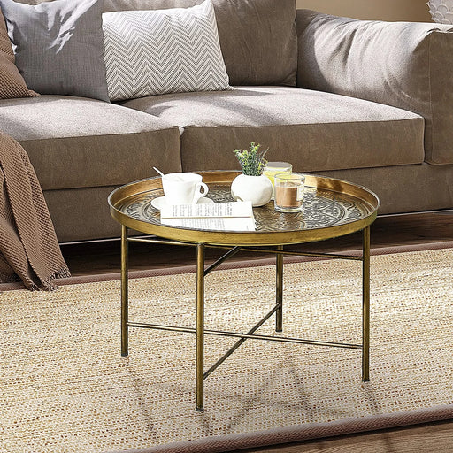 HOMCOM 24' Round Coffee Table with Hammered Tray Top, Vintage Metal Center Table for Living Room, Bedroom, Side Table, Gold Default -DTYStore