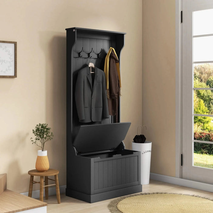 HOMCOM 28' 3-In-1 Entryway Hall Tree with Storage Bench, Coat Rack with Four Hooks and Shoe Storage, Black Default -DTYStore