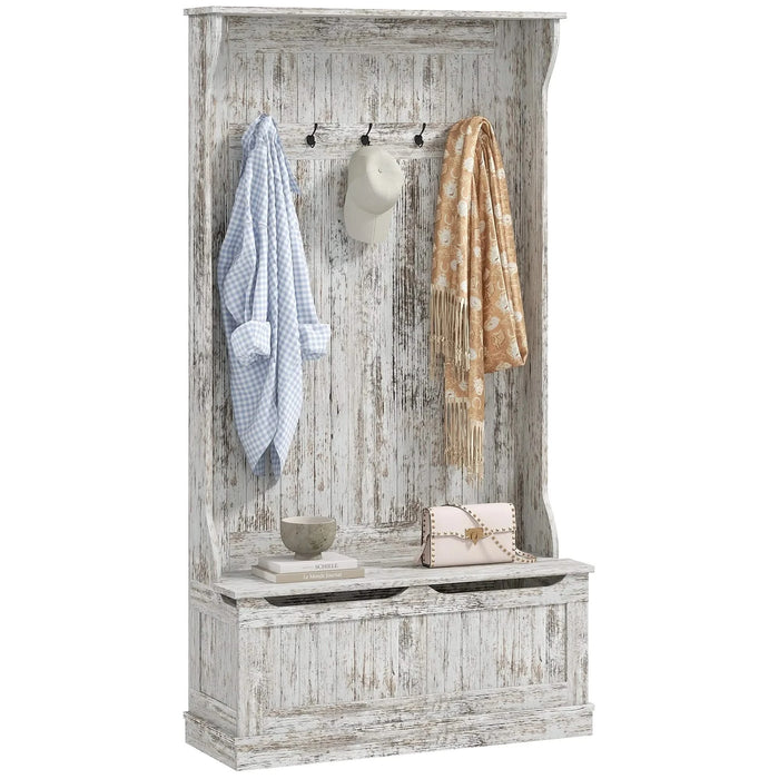 HOMCOM 3-In-1 Entryway Hall Tree with Storage Bench, Coat Rack with Five Hooks and Shoe Storage, Distressed White Default -DTYStore