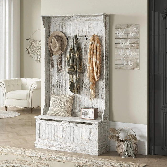 HOMCOM 3-In-1 Entryway Hall Tree with Storage Bench, Coat Rack with Five Hooks and Shoe Storage, Distressed White Default -DTYStore