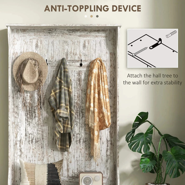 HOMCOM 3-In-1 Entryway Hall Tree with Storage Bench, Coat Rack with Five Hooks and Shoe Storage, Distressed White Default -DTYStore