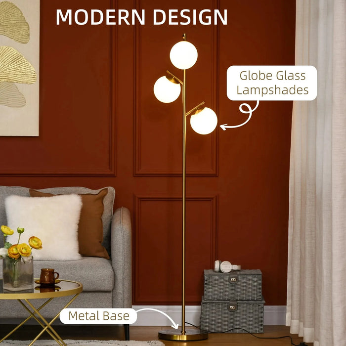 HOMCOM 3-Light Modern Floor Lamps for Living Room, Tree Standing Lamp for Bedroom with Globe Lampshade, Steel Base, (Bulb not Included), Gold Default -DTYStore