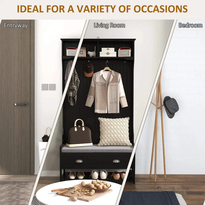 HOMCOM 3-in-1 Hall Tree, Entryway Bench with Coat Rack, Mudroom Bench with Shoe Rack, 2 Storage Drawers, 4 Hooks and Padded Seat Cushions for Hallway, Black Default -DTYStore