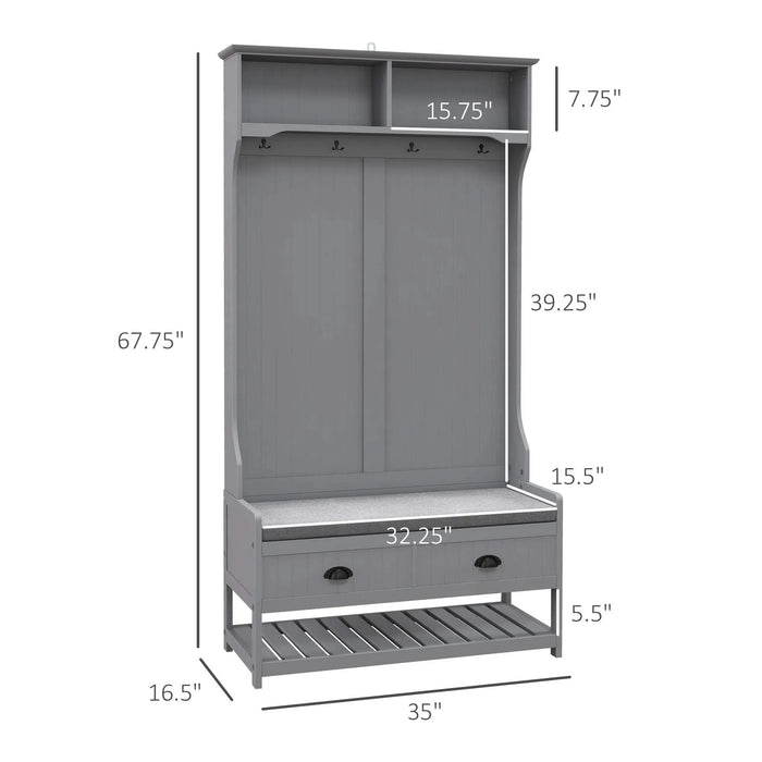 HOMCOM 3-in-1 Hall Tree, Entryway Bench with Coat Rack, Mudroom Bench with Shoe Rack, 2 Storage Drawers, 4 Hooks and Padded Seat Cushions for Hallway, Gray Default -DTYStore