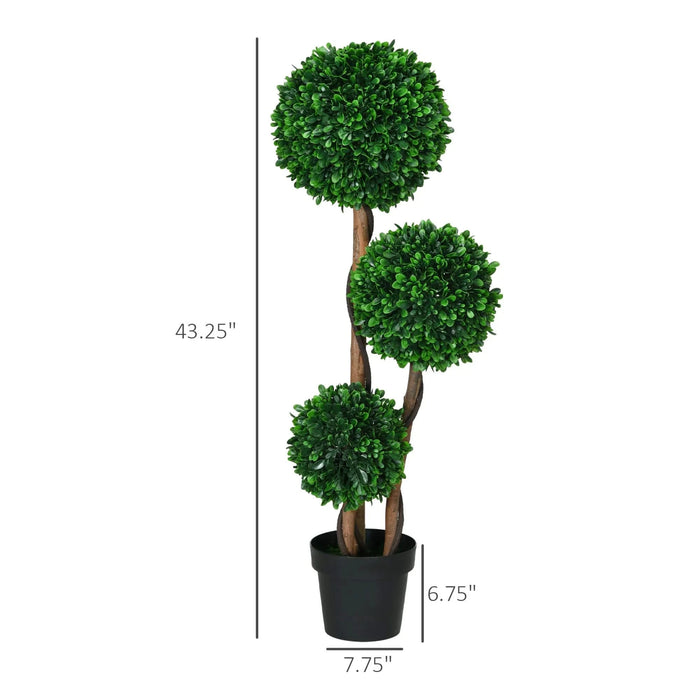 HOMCOM 3.5ft/43.25' Artificial 3 Ball Boxwood Topiary Tree with Pot, Indoor Outdoor Fake Plant for Home Office, Living Room Decor Default -DTYStore