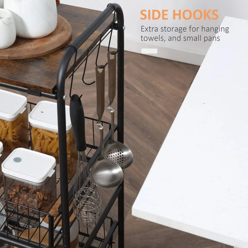 HOMCOM 3 Tier Rolling Kitchen Cart with Storage, Kitchen Island Cart on Wheels with 2 Sliding Fruit Basket, Microwave Cart with Side Hooks for Dining Room, Brown Default -DTYStore