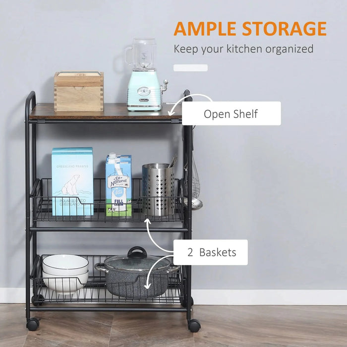 HOMCOM 3 Tier Rolling Kitchen Cart with Storage, Kitchen Island Cart on Wheels with 2 Sliding Fruit Basket, Microwave Cart with Side Hooks for Dining Room, Brown Default -DTYStore