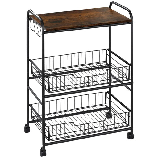 HOMCOM 3 Tier Rolling Kitchen Cart with Storage, Kitchen Island Cart on Wheels with 2 Sliding Fruit Basket, Microwave Cart with Side Hooks for Dining Room, Brown Default -DTYStore