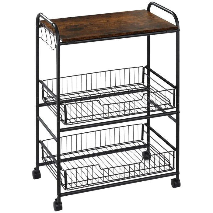HOMCOM 3 Tier Rolling Kitchen Cart with Storage, Kitchen Island Cart on Wheels with 2 Sliding Fruit Basket, Microwave Cart with Side Hooks for Dining Room, Brown Default -DTYStore