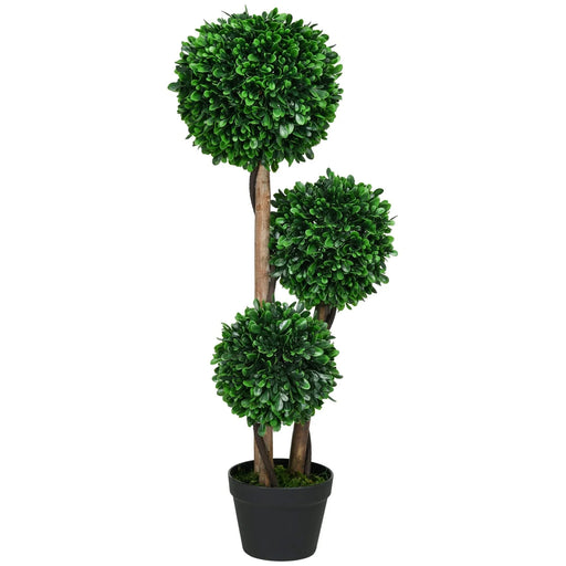 HOMCOM 3ft/35.5' Artificial 3 Ball Boxwood Topiary Tree with Pot, Indoor Outdoor Fake Plant for Home Office, Living Room Decor Default -DTYStore