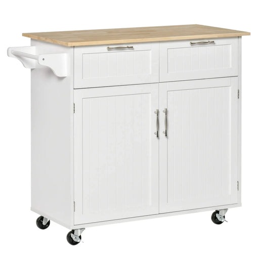 HOMCOM 41' Modern Rolling Kitchen Island on Wheels, Utility Cart Storage Trolley with Rubberwood Top & Drawers, White Default -DTYStore