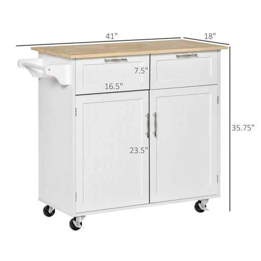 HOMCOM 41' Modern Rolling Kitchen Island on Wheels, Utility Cart Storage Trolley with Rubberwood Top & Drawers, White Default -DTYStore