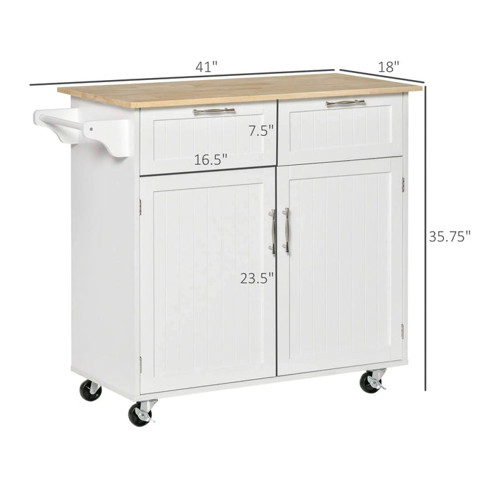 HOMCOM 41' Modern Rolling Kitchen Island on Wheels, Utility Cart Storage Trolley with Rubberwood Top & Drawers, White Default -DTYStore