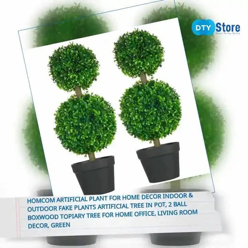 HOMCOM Artificial Plant for Home Decor Indoor & Outdoor Fake Plants Artificial Tree in Pot, 2 Ball Boxwood Topiary Tree for Home Office, Living Room Decor, Green Default -DTYStore