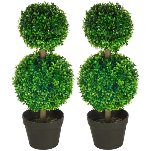 HOMCOM Artificial Plant for Home Decor Indoor & Outdoor Fake Plants Artificial Tree in Pot, 2 Ball Boxwood Topiary Tree for Home Office, Living Room Decor, Green Default -DTYStore