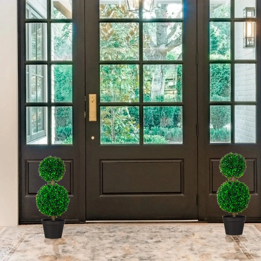 HOMCOM Artificial Plant for Home Decor Indoor & Outdoor Fake Plants Artificial Tree in Pot, 2 Ball Boxwood Topiary Tree for Home Office, Living Room Decor, Green Default -DTYStore