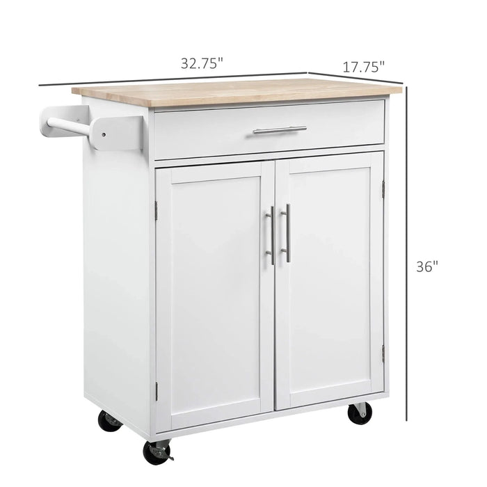 HOMCOM Kitchen Island Cart Rolling Trolley Cart with Drawer, Storage Cabinet & Towel Rack, White Default -DTYStore