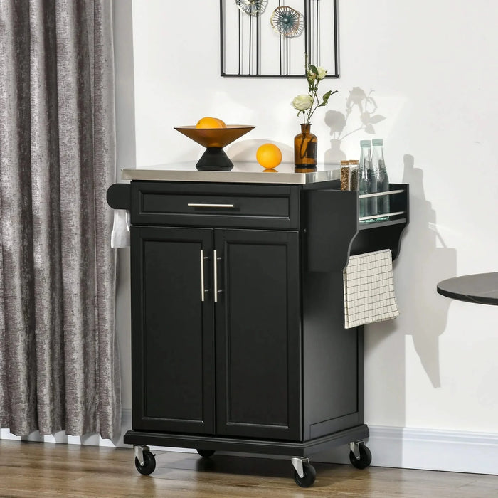 HOMCOM Kitchen Island on Wheels, Rolling Kitchen Cart with Stainless Steel Countertop, Drawer, Towel Rack and Spice Rack, Utility Storage Trolley, Black Default -DTYStore