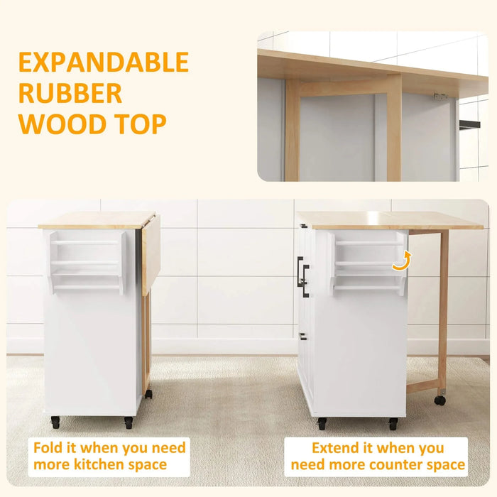 HOMCOM Kitchen Island with Drop Leaf, Rolling Kitchen Cart on Wheels with 3 Drawers, 2 Cabinets, Natural Wood Top, Spice Rack and Towel Rack, White Default -DTYStore