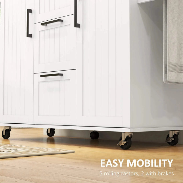 HOMCOM Kitchen Island with Drop Leaf, Rolling Kitchen Cart on Wheels with 3 Drawers, 2 Cabinets, Natural Wood Top, Spice Rack and Towel Rack, White Default -DTYStore