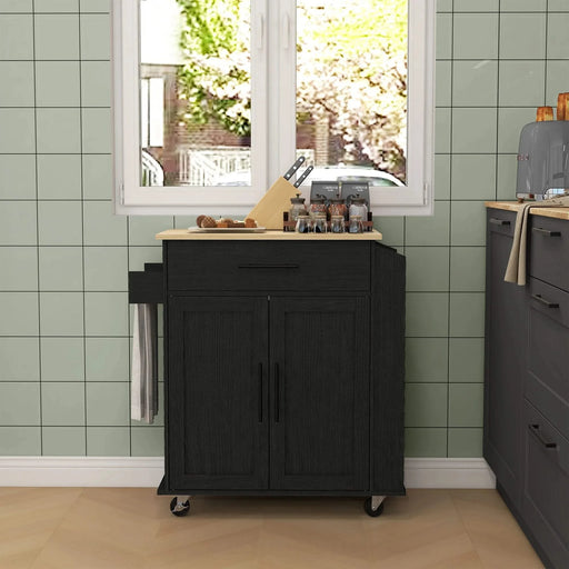 HOMCOM Kitchen Island with Storage, Rolling Kitchen Cart with AC Outlets and USB Ports, Microwave Stand with Towel and Spice Rack, Black Default -DTYStore