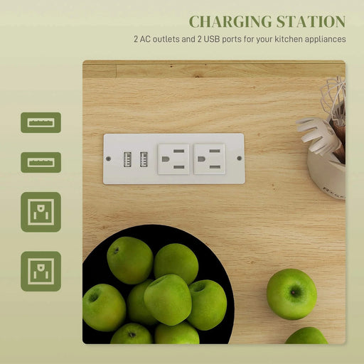 HOMCOM Kitchen Island with Storage, Rolling Kitchen Cart with AC Outlets and USB Ports, Microwave Stand with Towel and Spice Rack, White Default -DTYStore