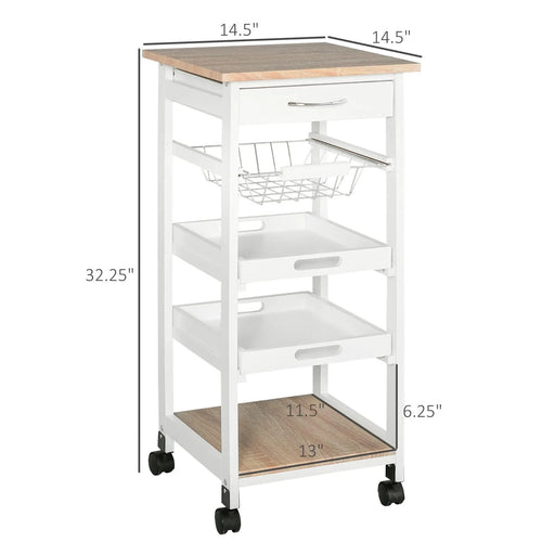 HOMCOM Mobile Kitchen Cart, Rolling Kitchen Island with Storage, Solid Wood Frame Utility Cart with Wire Fruit Baskets, Trays and Drawer, White Default -DTYStore