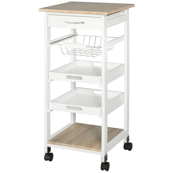 HOMCOM Mobile Kitchen Cart, Rolling Kitchen Island with Storage, Solid Wood Frame Utility Cart with Wire Fruit Baskets, Trays and Drawer, White Default -DTYStore