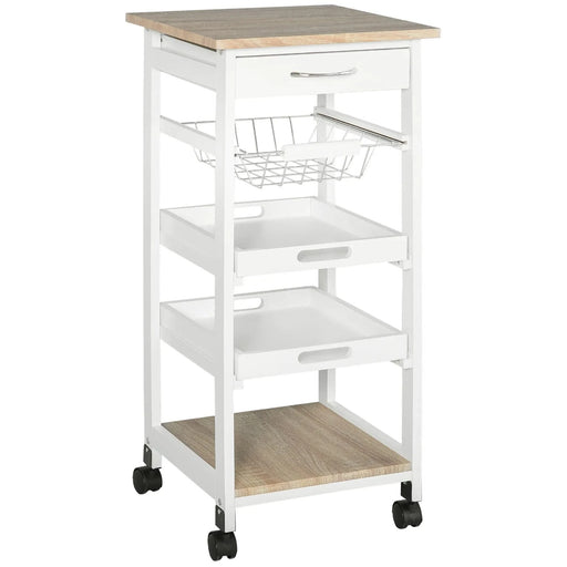HOMCOM Mobile Kitchen Cart, Rolling Kitchen Island with Storage, Solid Wood Frame Utility Cart with Wire Fruit Baskets, Trays and Drawer, White Default -DTYStore