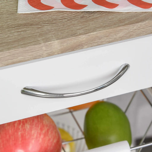 HOMCOM Mobile Kitchen Cart, Rolling Kitchen Island with Storage, Solid Wood Frame Utility Cart with Wire Fruit Baskets, Trays and Drawer, White Default -DTYStore