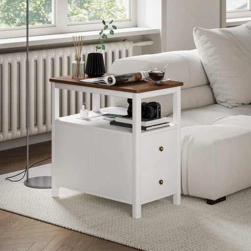 HOMCOM Modern End Table with Charging Station and USB Ports, Narrow Side Table with Drawers & Shelf for Living Room, White Default -DTYStore