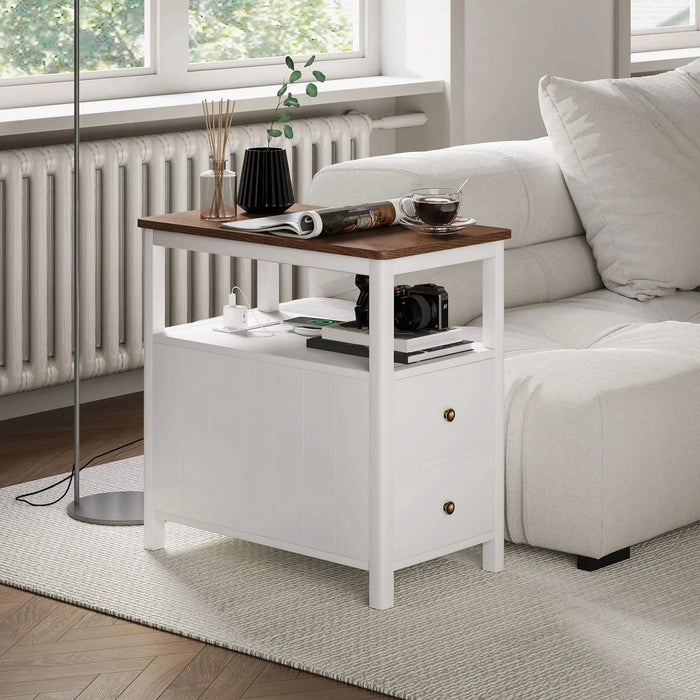 HOMCOM Modern End Table with Charging Station and USB Ports, Narrow Side Table with Drawers & Shelf for Living Room, White Default -DTYStore