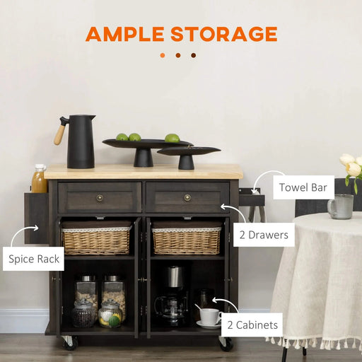 HOMCOM Modern Rolling Kitchen Island Cart with Spice Rack, Brown Oak Default -DTYStore