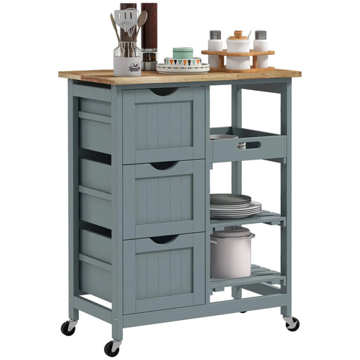 HOMCOM Rolling Kitchen Island Cart, Bar Serving Cart, Compact Trolley on Wheels with Wood Top, Shelves & Drawers for Home Dining Area, Gray Default -DTYStore