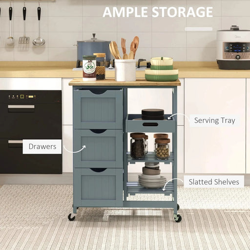 HOMCOM Rolling Kitchen Island Cart, Bar Serving Cart, Compact Trolley on Wheels with Wood Top, Shelves & Drawers for Home Dining Area, Gray Default -DTYStore