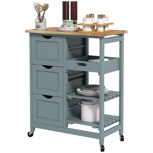 HOMCOM Rolling Kitchen Island Cart, Bar Serving Cart, Compact Trolley on Wheels with Wood Top, Shelves & Drawers for Home Dining Area, Gray Default -DTYStore