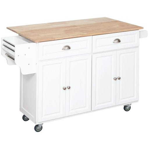HOMCOM Rolling Kitchen Island on Wheels, Kitchen Cart with Solid Wood Drop Leaf Breakfast Bar, Storage Drawers, 4-Door Cabinets, Spice Rack, White Default -DTYStore