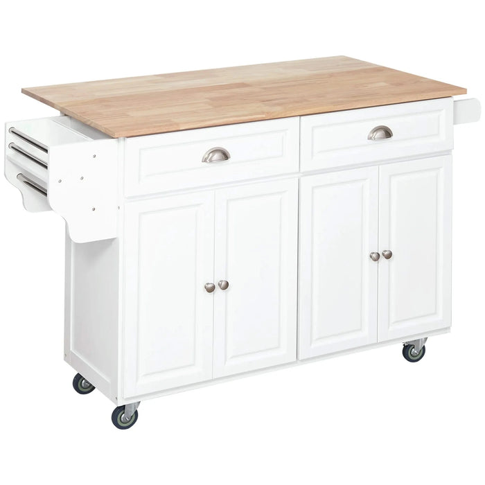 HOMCOM Rolling Kitchen Island on Wheels, Kitchen Cart with Solid Wood Drop Leaf Breakfast Bar, Storage Drawers, 4-Door Cabinets, Spice Rack, White Default -DTYStore