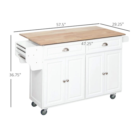 HOMCOM Rolling Kitchen Island on Wheels, Kitchen Cart with Solid Wood Drop Leaf Breakfast Bar, Storage Drawers, 4-Door Cabinets, Spice Rack, White Default -DTYStore