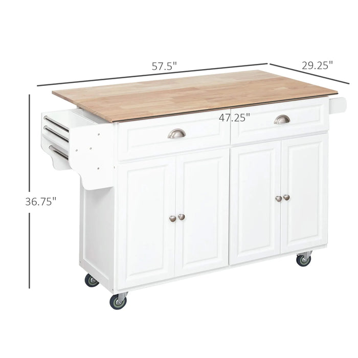 HOMCOM Rolling Kitchen Island on Wheels, Kitchen Cart with Solid Wood Drop Leaf Breakfast Bar, Storage Drawers, 4-Door Cabinets, Spice Rack, White Default -DTYStore