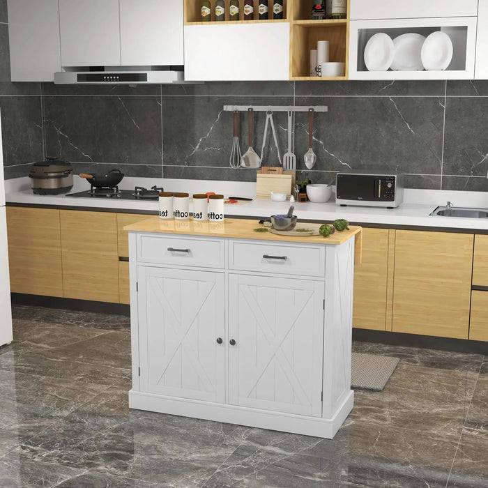 HOMCOM Rolling Kitchen Island with Drop Leaf Wood Breakfast Bar, Farmhouse Kitchen Cart with 2 Drawers, Adjustable Shelves for Dining Room, White Default -DTYStore