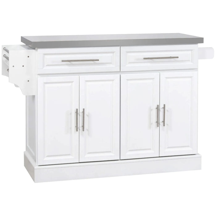 HOMCOM Rolling Kitchen Island with Storage, Stainless Steel Top, 2 Drawers, Spice, Knife and Towel Rack, White MDF Default -DTYStore