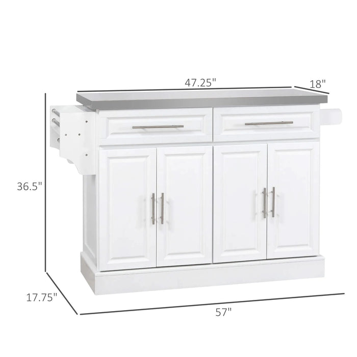 HOMCOM Rolling Kitchen Island with Storage, Stainless Steel Top, 2 Drawers, Spice, Knife and Towel Rack, White MDF Default -DTYStore