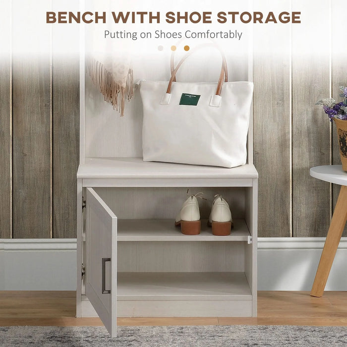 HOMCOM Rustic Hall Tree with Shoe Storage Bench, Entryway Bench with Coat Rack, Accent Coat Tree with Storage Shelves for Hallway, Mudroom, White Wood Grain- DTY Store