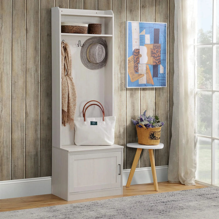 HOMCOM Rustic Hall Tree with Shoe Storage Bench, Entryway Bench with Coat Rack, Accent Coat Tree with Storage Shelves for Hallway, Mudroom, White Wood Grain - DTY Store