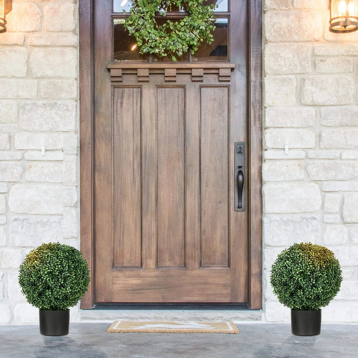 HOMCOM Set of 2 20.5' Artificial Ball Boxwood Topiary Trees with Pot, Indoor Outdoor Fake Plants for Home Office & Living Room Decor Default -DTYStore