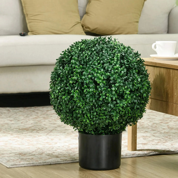 HOMCOM Set of 2 20.5' Artificial Ball Boxwood Topiary Trees with Pot, Indoor Outdoor Fake Plants for Home Office & Living Room Decor Default -DTYStore